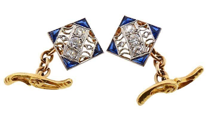 Edwardian 18K Gold Platinum Diamond Sapphire Cufflinks