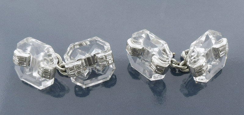 French Art Deco Platinum Rock Crystal Diamond Cufflinks