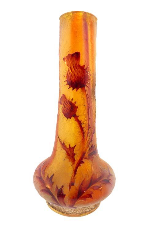 Signed Daum Nancy Cameo Glass THISTLE Cabinet Vase