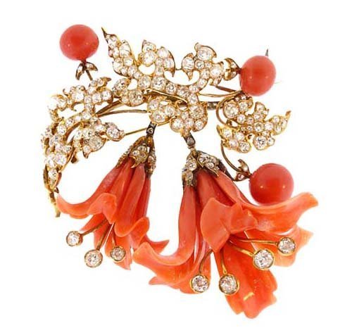 Victorian 18K Gold, Diamond &amp; Coral Lily Brooch