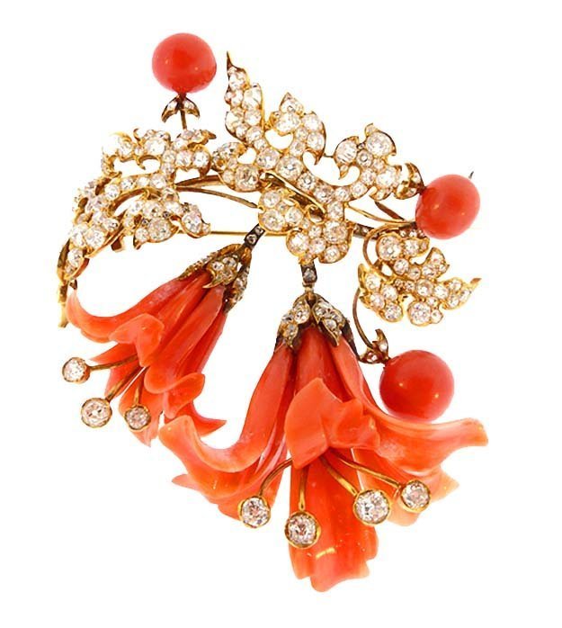 Victorian 18K Gold, Diamond &amp; Coral Lily Brooch