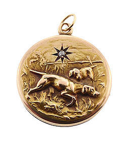 Victorian 14K Yellow Gold & Diamond Hound Locket