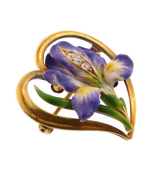 Krementz Art Nouveau 14K Enamel Diamond Iris Heart Pin