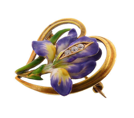 Krementz Art Nouveau 14K Enamel Diamond Iris Heart Pin