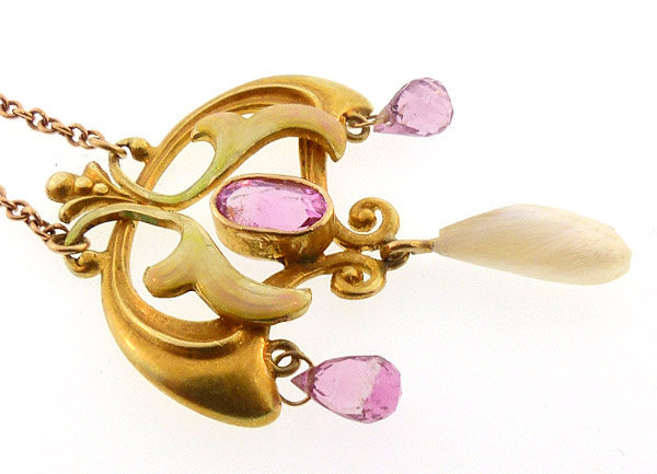 Art Nouveau 14K Enamel Pink Tourmaline Pendant Necklace