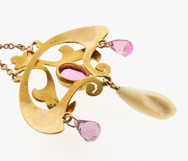 Art Nouveau 14K Enamel Pink Tourmaline Pendant Necklace