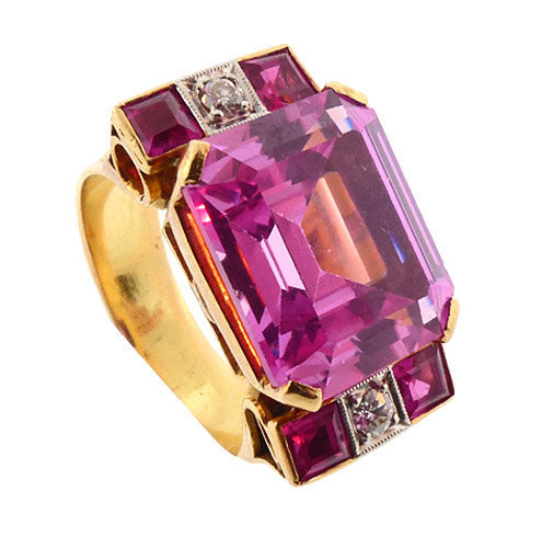 Retro 18K, Diamond, Synthetic Ruby & Pink Sapphire Ring