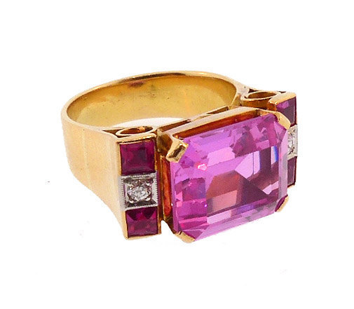 Retro 18K, Diamond, Synthetic Ruby &amp; Pink Sapphire Ring