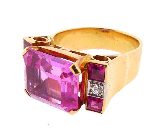 Retro 18K, Diamond, Synthetic Ruby &amp; Pink Sapphire Ring