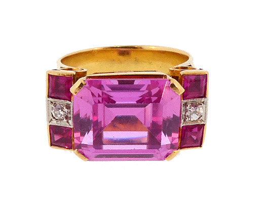 Retro 18K, Diamond, Synthetic Ruby &amp; Pink Sapphire Ring
