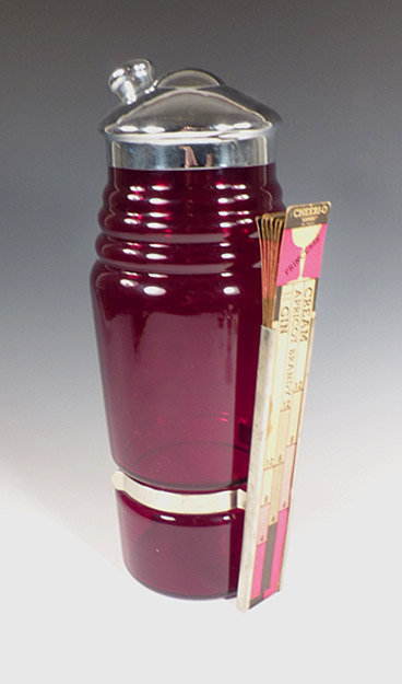 Art Deco CHEERIO Ruby Glass Recipe Cocktail Shaker