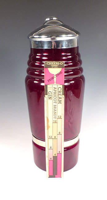 Art Deco CHEERIO Ruby Glass Recipe Cocktail Shaker