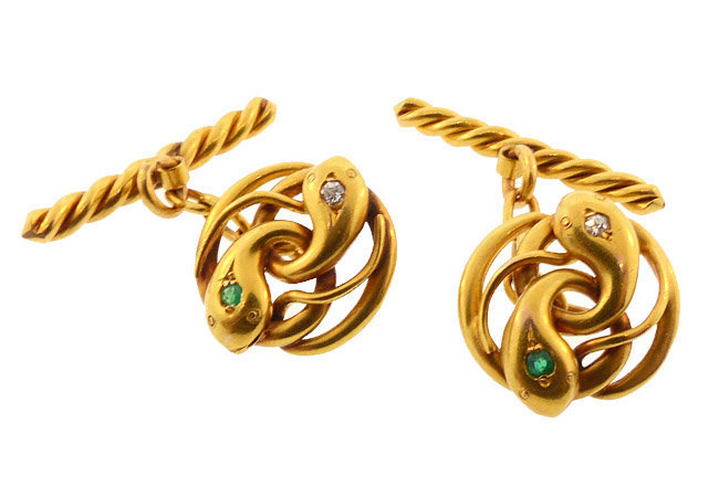 Edwardian 18K Gold, Diamond &amp; Emerald Snake Cufflinks