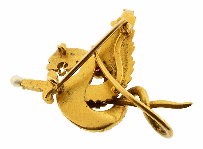 Victorian 18K Gold Ruby &amp; Pearl Basilisk Brooch/Pendant