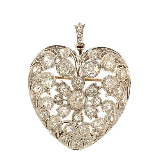 Edwardian Platinum Diamond Puffed Heart Pendant/Brooch