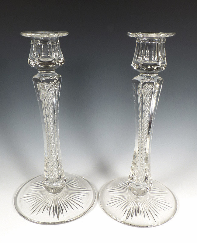 Signed Libbey ABP Cut Glass Spiral Twist Candlesticks