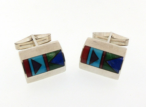 Jim Harrison Navajo Inlaid Hardstone Silver Cufflinks