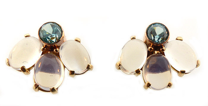 Retro 14K Gold, Blue Zircon &amp; Moonstone Earrings