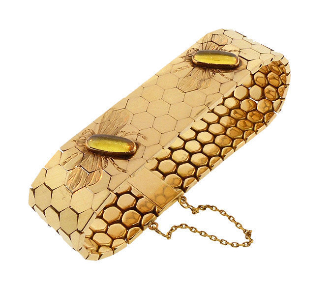 Retro 18K Gold Hessonite Garnet Bee Honeycomb Bracelet