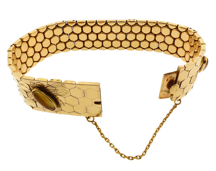Retro 18K Gold Hessonite Garnet Bee Honeycomb Bracelet