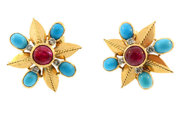 French 18K Gold Diamond Ruby Turquoise Earrings