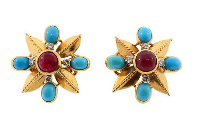 French 18K Gold Diamond Ruby Turquoise Earrings