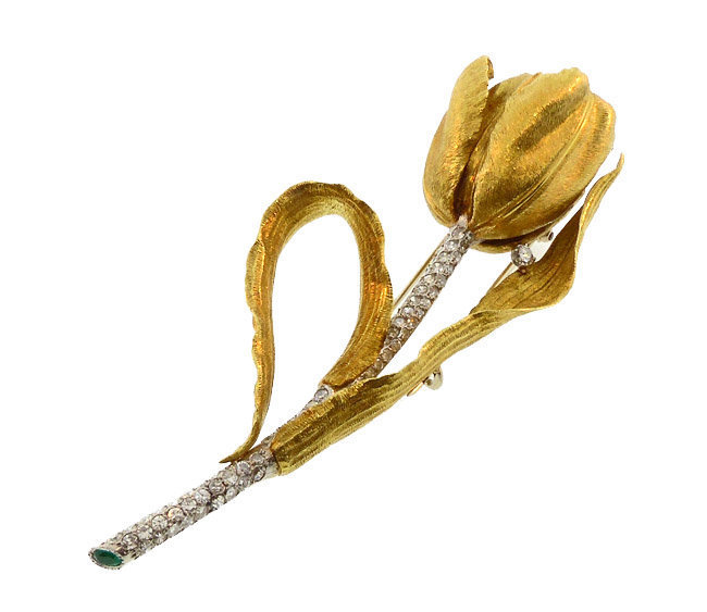 18K Gold, Diamond & Emerald Tulip Brooch
