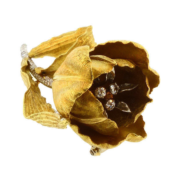 18K Gold, Diamond &amp; Emerald Tulip Brooch