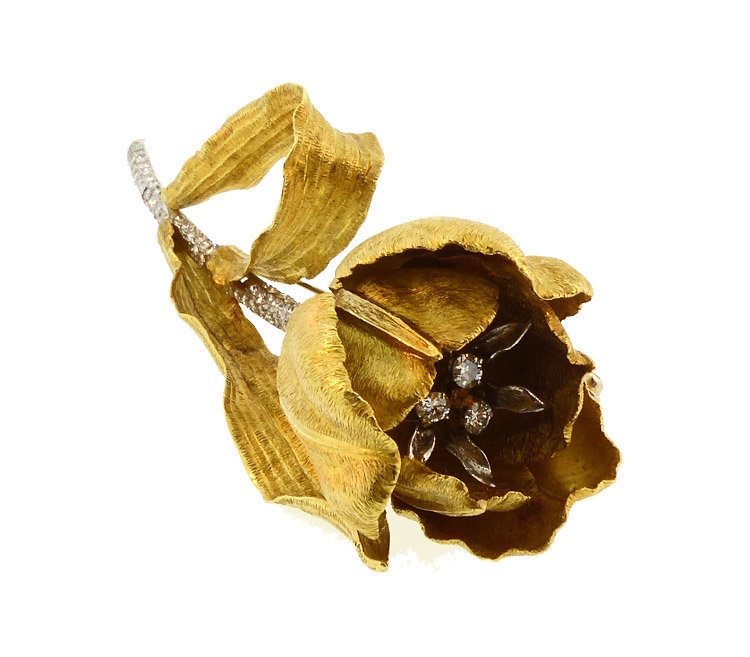 18K Gold, Diamond &amp; Emerald Tulip Brooch