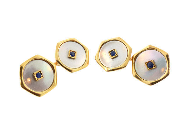 Edwardian 18K Gold Sapphire &amp; Mother-of-Pearl Cufflinks