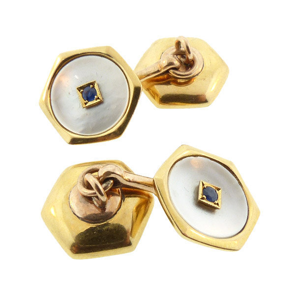 Edwardian 18K Gold Sapphire &amp; Mother-of-Pearl Cufflinks