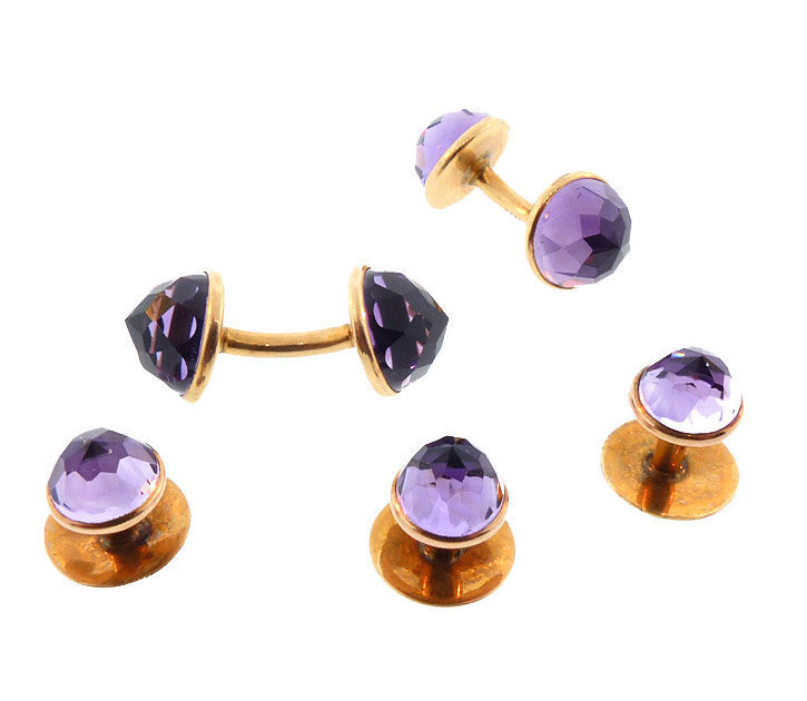 Victorian 14K Gold Amethyst Cufflinks &amp; Studs Dress Set