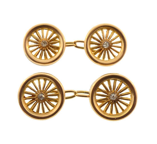 Victorian 15K Gold &amp; Diamond Carriage Wheel Cufflinks