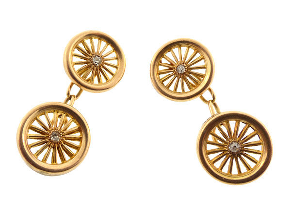 Victorian 15K Gold &amp; Diamond Carriage Wheel Cufflinks