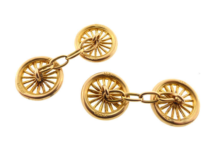 Victorian 15K Gold &amp; Diamond Carriage Wheel Cufflinks