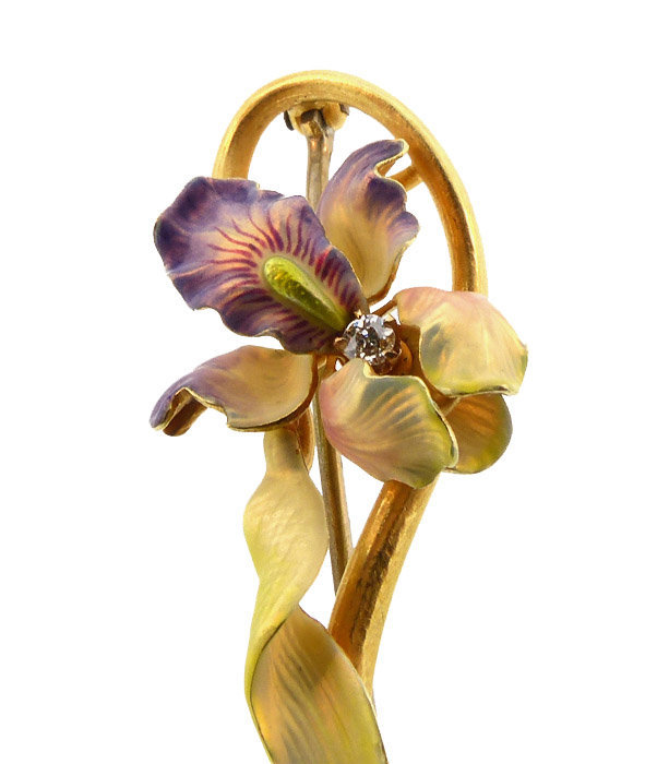 Art Nouveau 14K Gold Enamel &amp; Diamond Iris Brooch