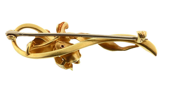 Art Nouveau 14K Gold Enamel &amp; Diamond Iris Brooch
