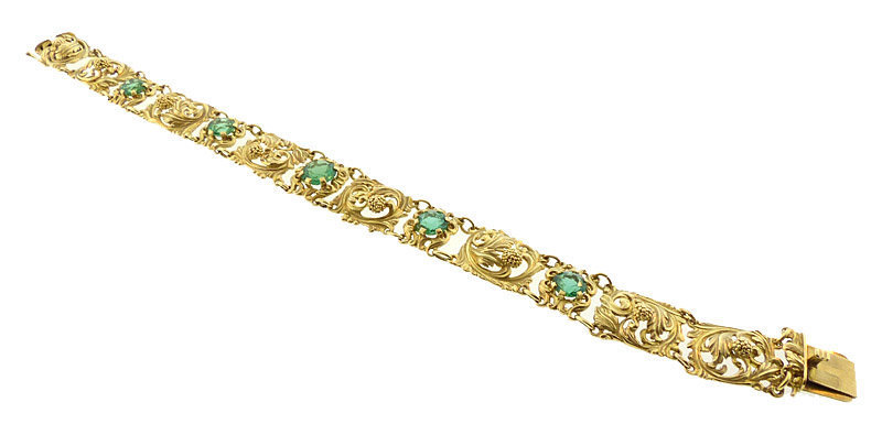 Art Nouveau 14K Gold &amp; Green Tourmaline Bracelet