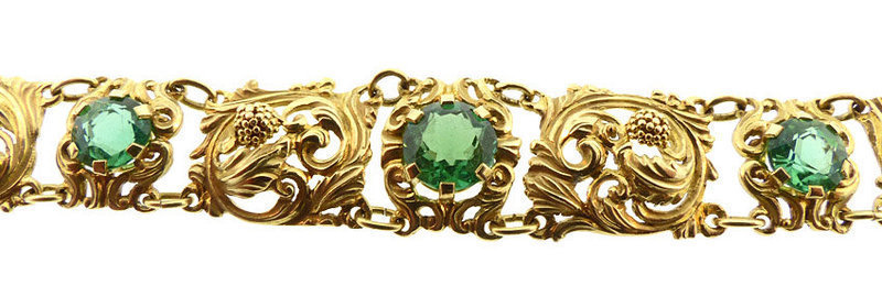 Art Nouveau 14K Gold &amp; Green Tourmaline Bracelet