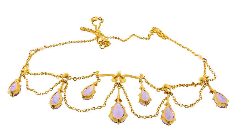 Nouveau Krementz 14K Amethyst Pearl Festoon Necklace