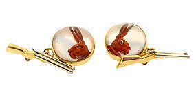 French 18K Gold Essex Crystal Rabbit Shotgun Cufflinks