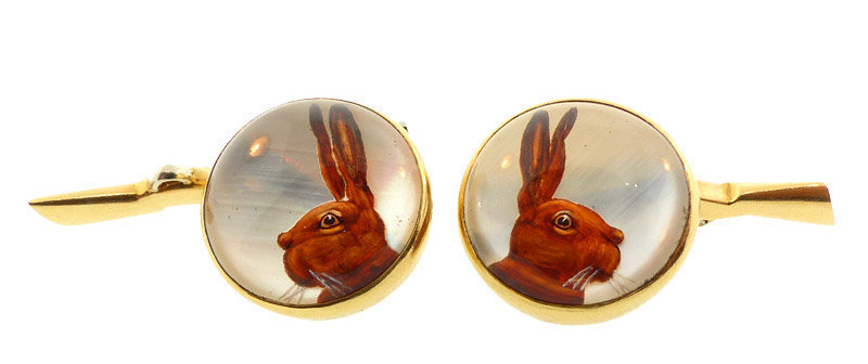 French 18K Gold Essex Crystal Rabbit Shotgun Cufflinks