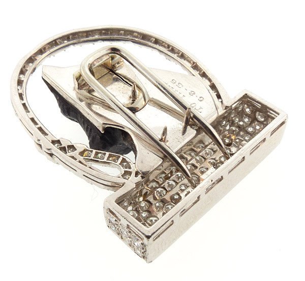 Art Deco Platinum Diamond Carved Stone Scottie Brooch