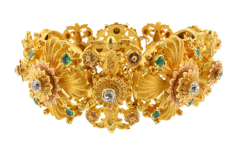 Georgian 20K Multicolored Gold Diamond Emerald Bracelet