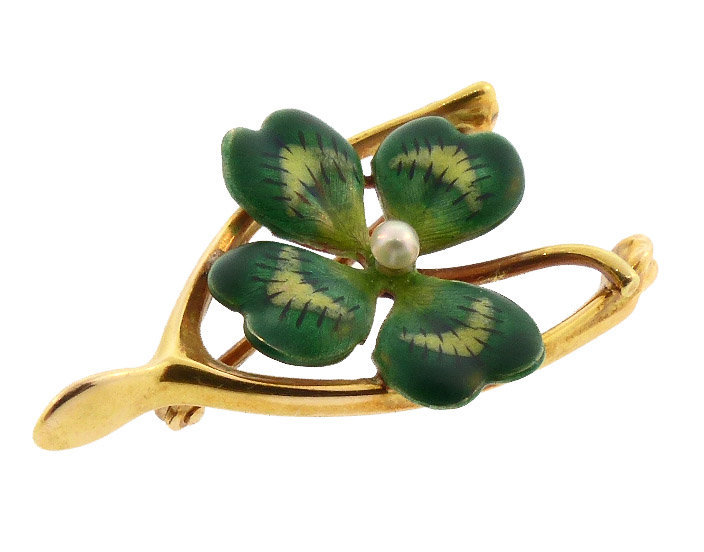 Krementz Gold Enamel 4-Leaf Clover Wishbone Pin