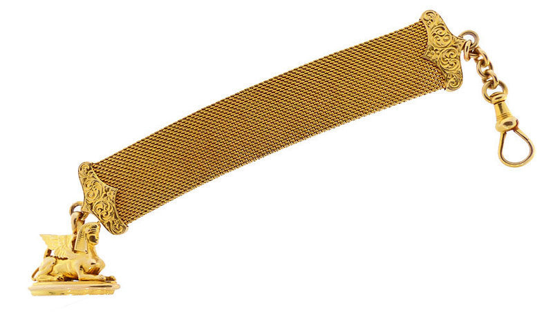 Victorian 14K Gold Sphinx Mesh Watch Chain &amp; Fob