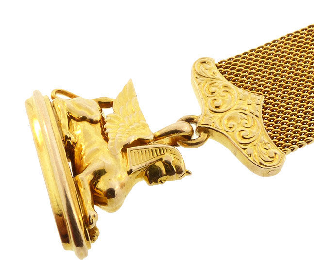 Victorian 14K Gold Sphinx Mesh Watch Chain &amp; Fob