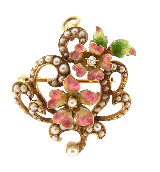 Art Nouveau 14K Gold Enamel Diamond Pendant & Pin