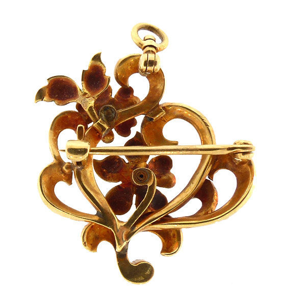 Art Nouveau 14K Gold Enamel Diamond Pendant &amp; Pin
