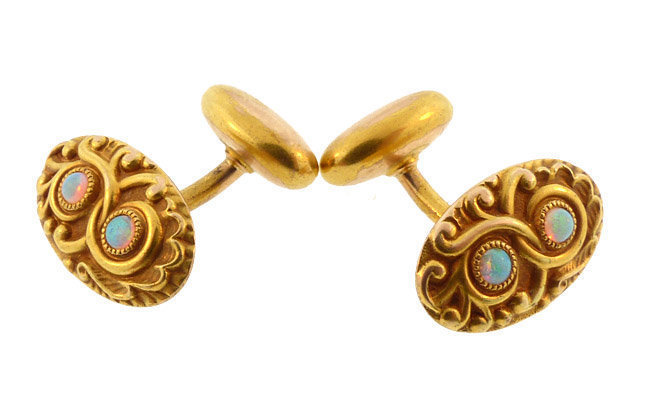 Art Nouveau 14K Gold &amp; Opal Cufflinks